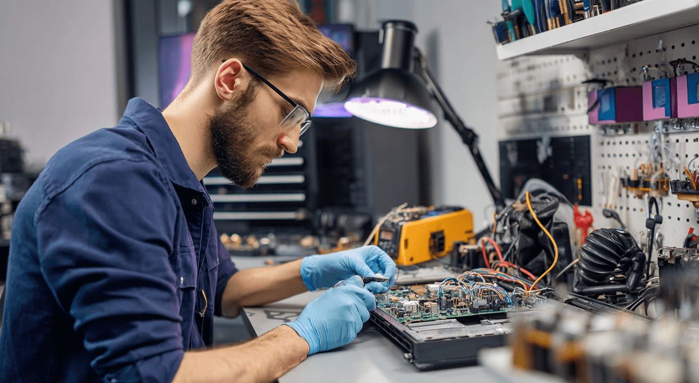 Teknisyen kombi elektronik kartı üzerinde onarım yapıyor